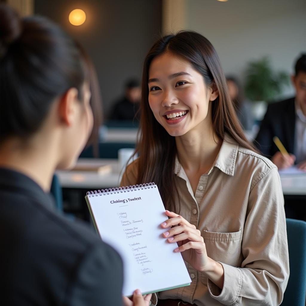 Thí sinh tự tin trình bày bài mẫu IELTS Speaking Part 2 về đổi mới công nghệ với ghi chú trên tay