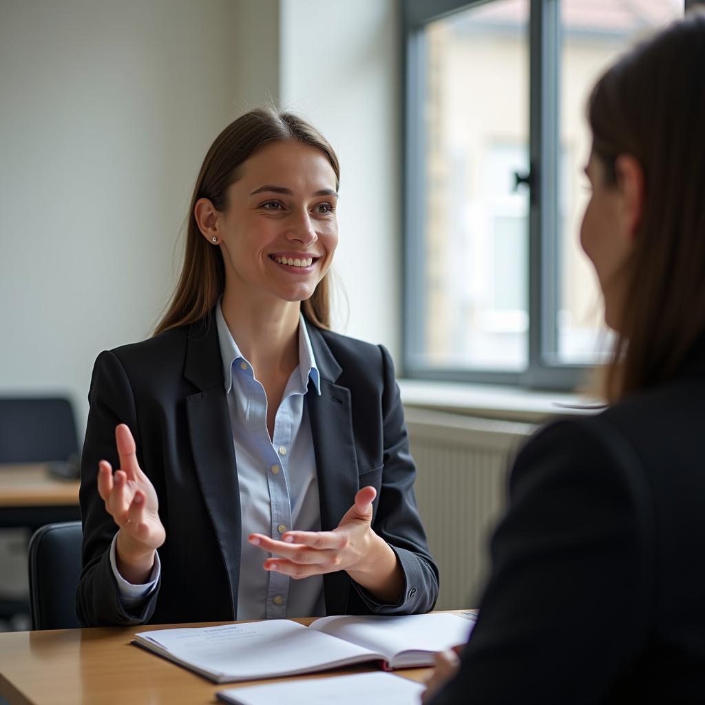 Thí sinh tự tin trình bày bài nói IELTS Speaking Part 2 về trải nghiệm chờ đợi với giám khảo