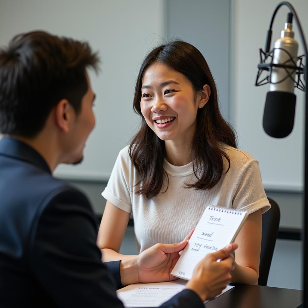 Thí sinh tự tin trình bày bài nói IELTS Speaking Part 2 về tin tức với examiner