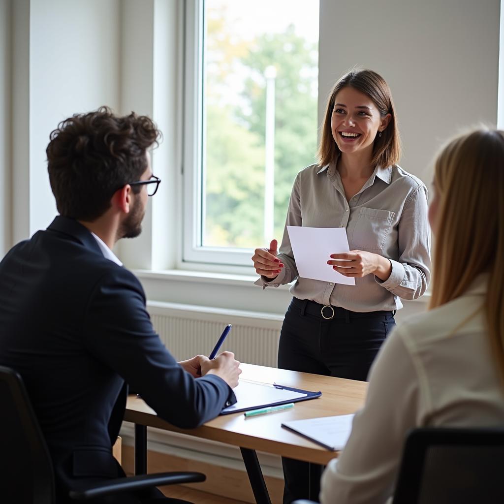 Thí sinh tự tin trình bày IELTS Speaking Part 2 về người thú vị chưa gặp với giám khảo