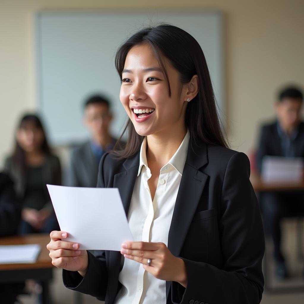 Thí sinh tự tin trình bày IELTS Speaking Part 2 về người truyền cảm hứng trong phòng thi