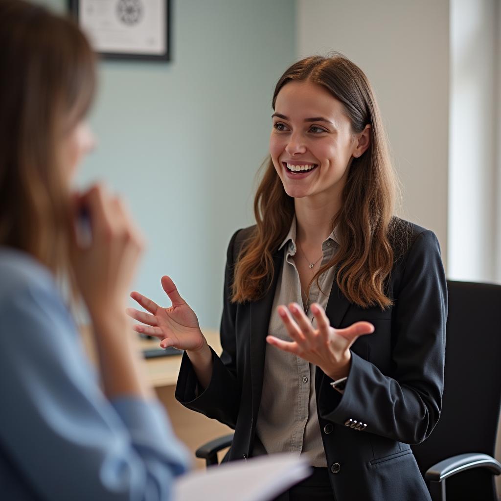 Thí sinh IELTS tự tin trình bày bài nói Part 2 về trải nghiệm đáng nhớ với cử chỉ tay tự nhiên