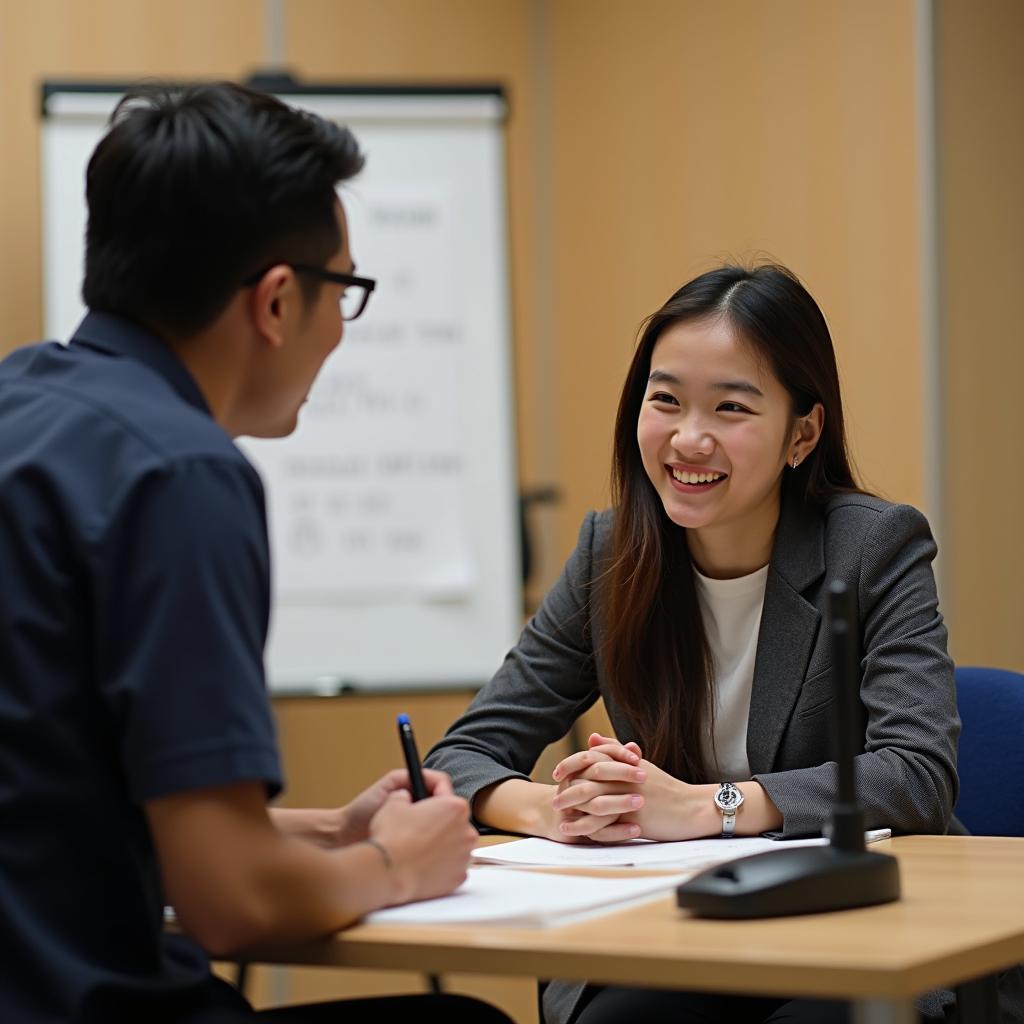 Thí sinh tự tin đang làm bài thi IELTS Speaking với giám khảo trong phòng thi chuyên nghiệp