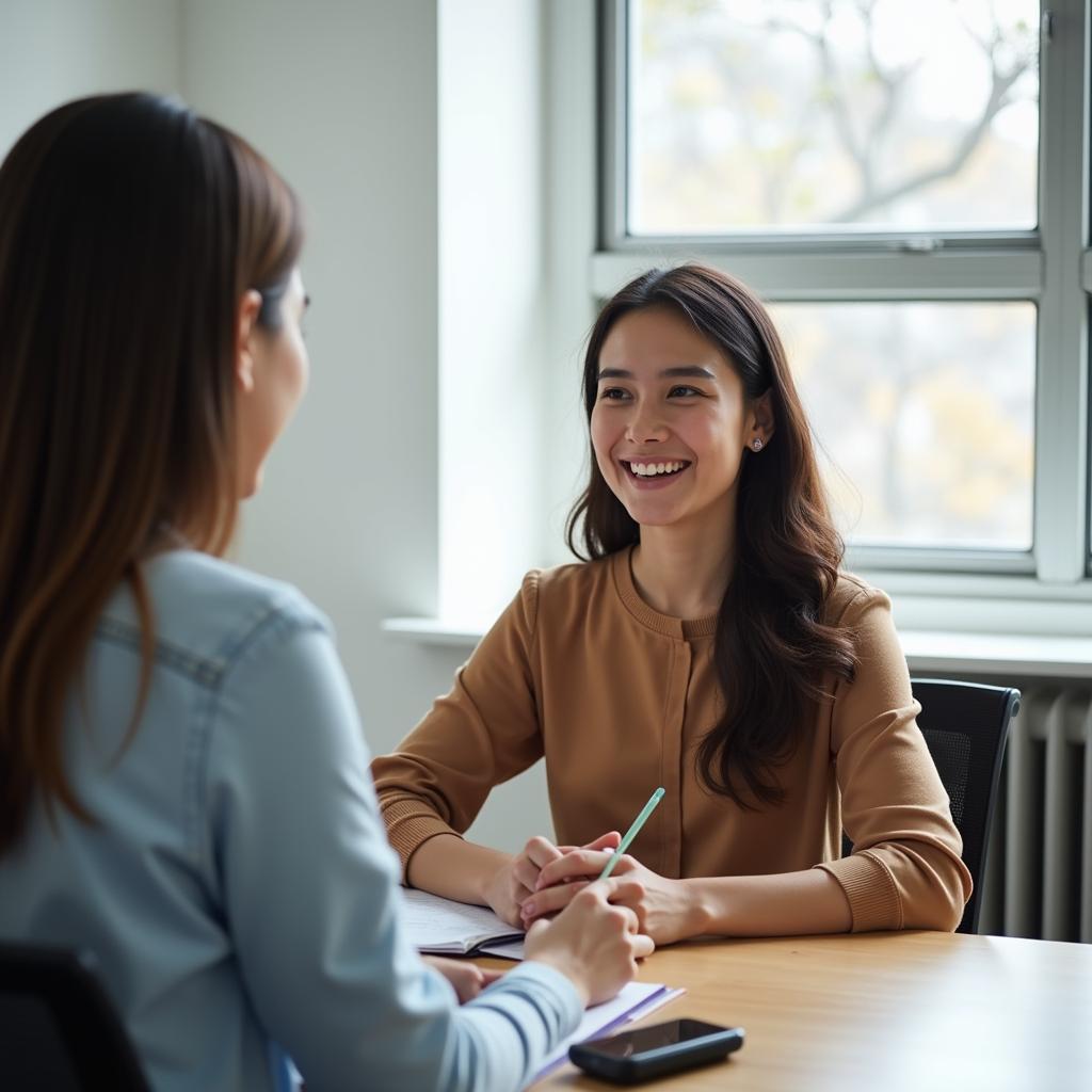 Thí sinh Việt Nam tự tin trả lời câu hỏi IELTS Speaking với giám khảo trong phòng thi chuyên nghiệp