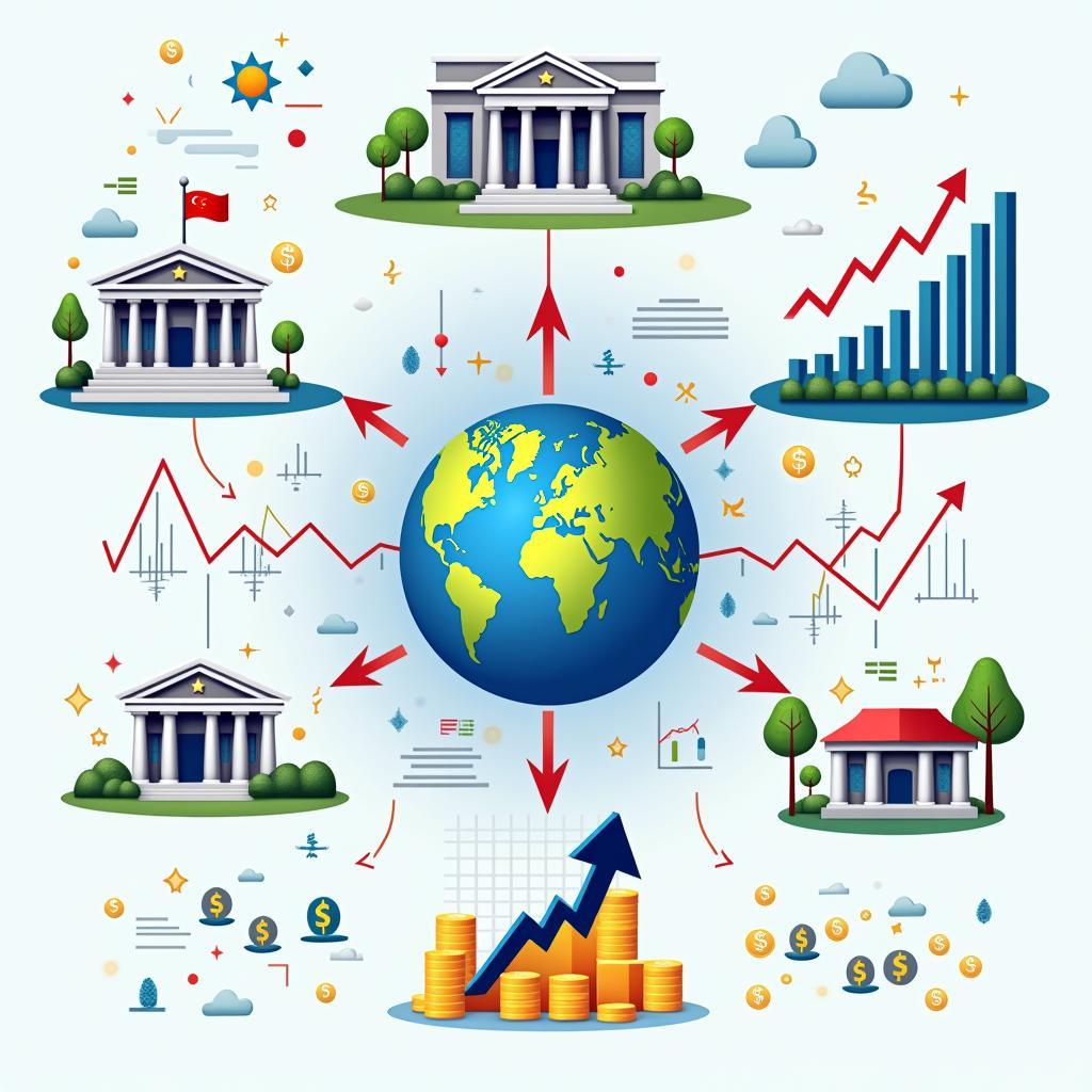 Minh họa mối liên hệ giữa chính sách kinh tế toàn cầu và biến động thị trường chứng khoán trong IELTS Writing