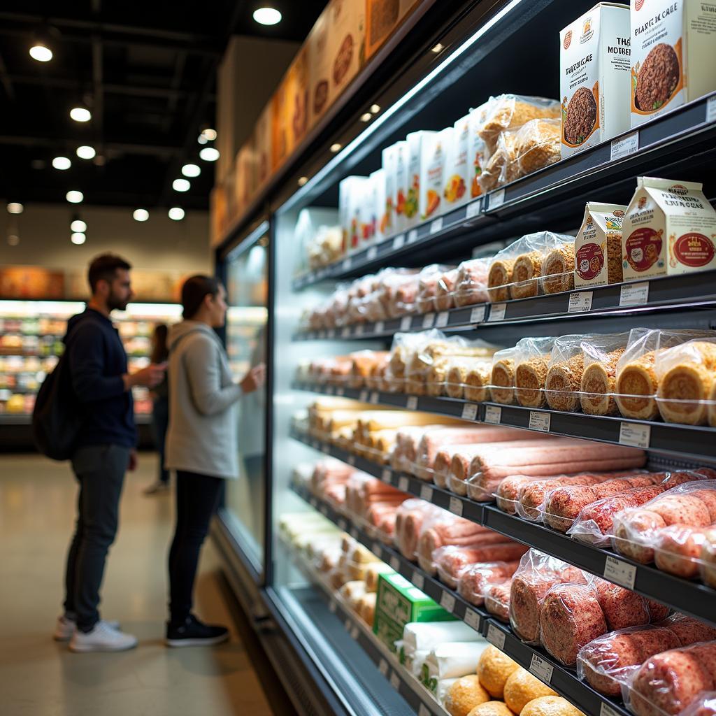 Kệ hàng siêu thị với sản phẩm thực vật đa dạng và thịt thực vật