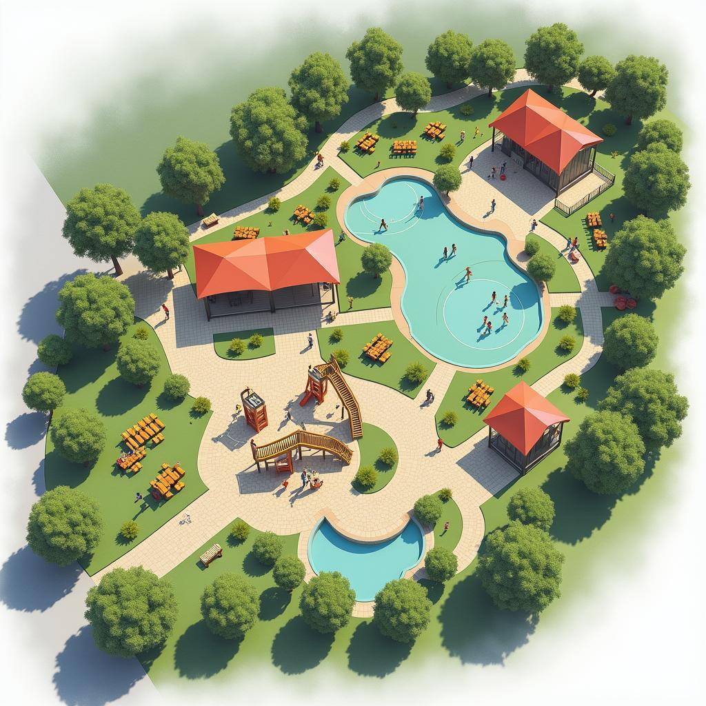 Sơ đồ thiết kế công viên hiện đại với các khu vực chức năng khác nhau