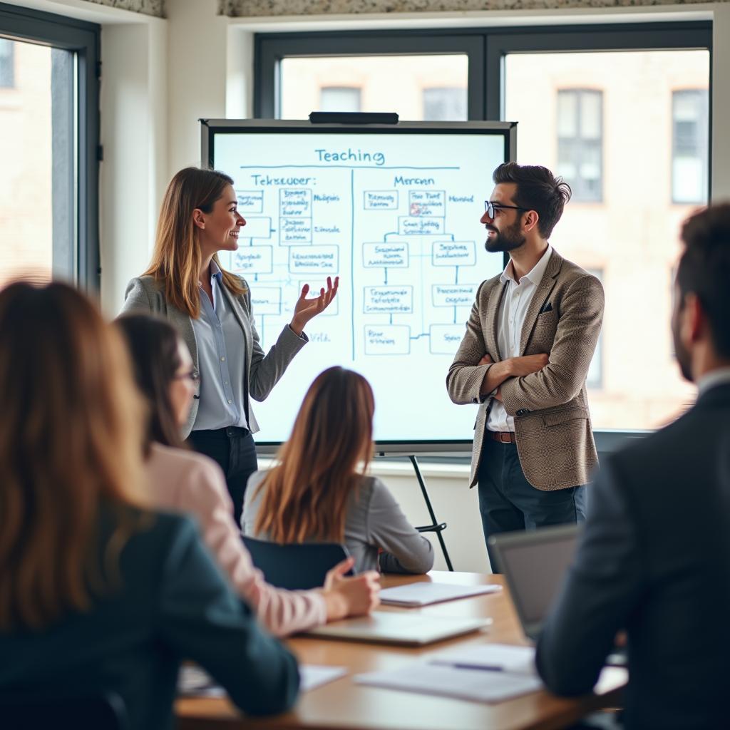 Các giáo viên đang thảo luận về phương pháp giảng dạy hiện đại và truyền thống trong buổi workshop