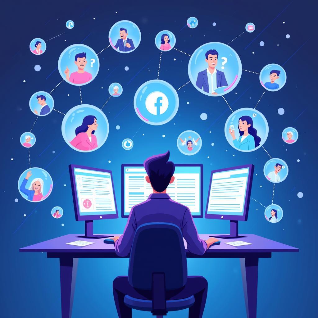 Minh họa về cách thuật toán mạng xã hội ảnh hưởng đến trải nghiệm người dùng và việc tiếp nhận thông tin trong IELTS Writing Task 2