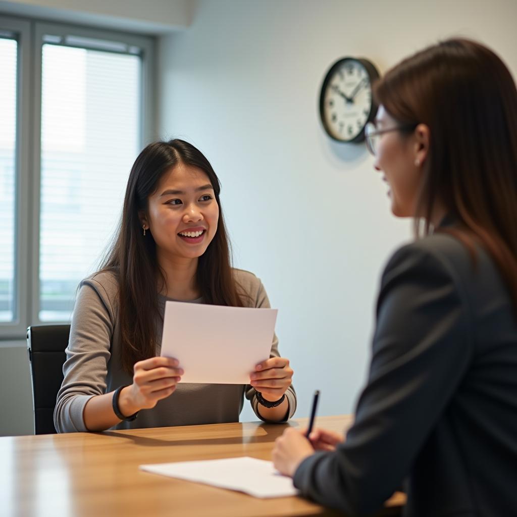 Thí sinh đang trả lời IELTS Speaking Part 2 về chủ đề giúp người khác cải thiện kỹ năng với examiner ghi chép