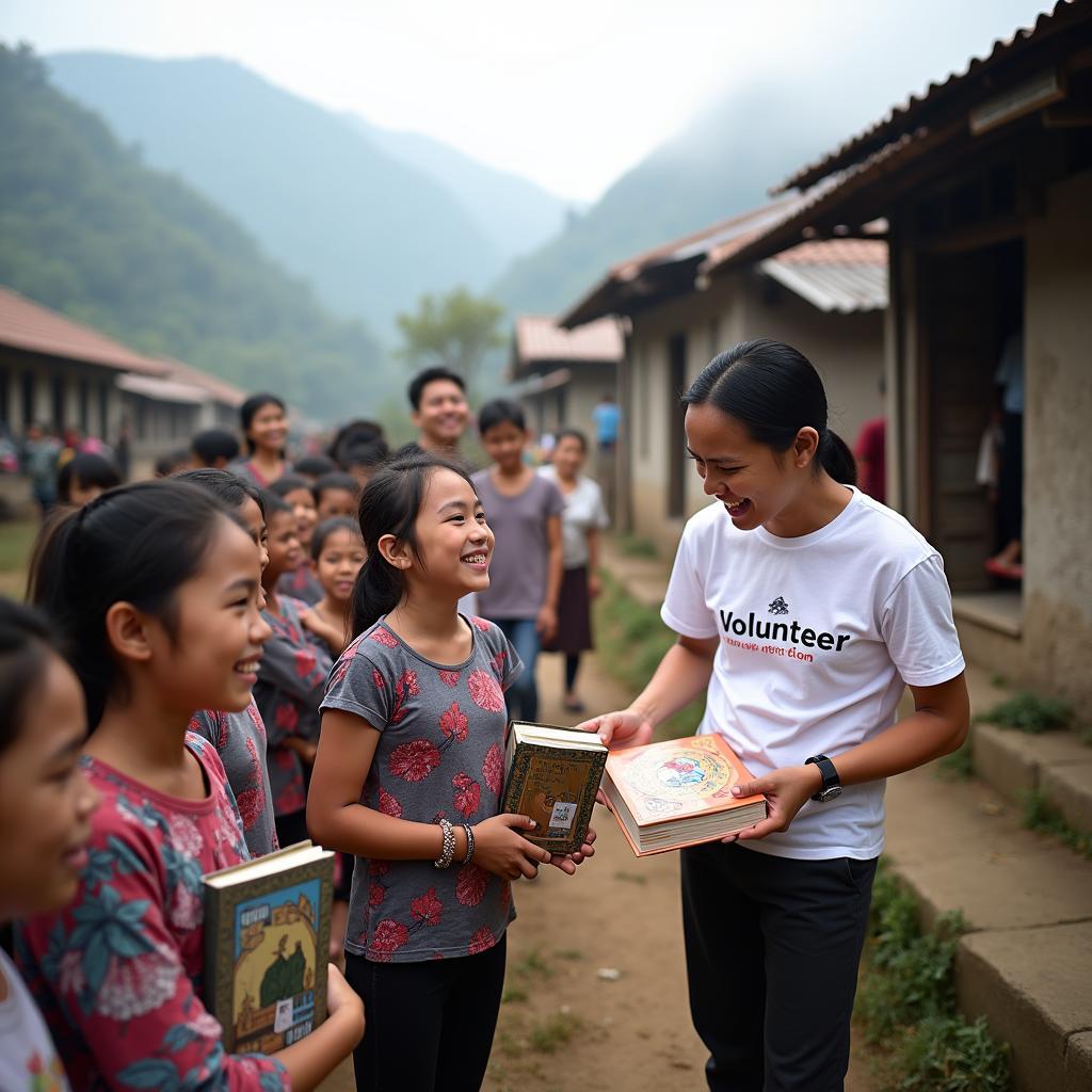 Tình nguyện viên đang trao quà từ thiện và dạy học cho trẻ em vùng cao trong sự kiện IELTS Speaking