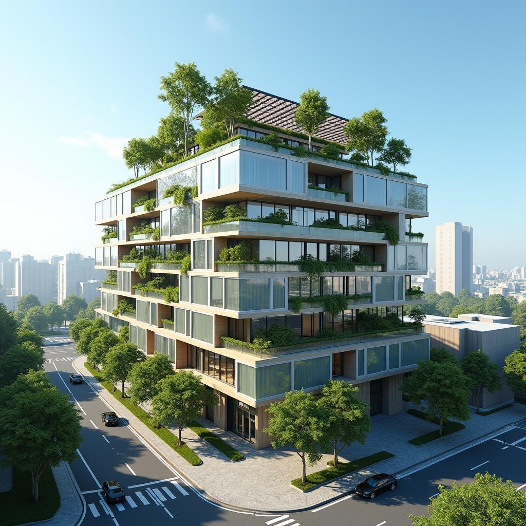 Tòa nhà xanh hiện đại với hệ thống năng lượng mặt trời và vườn treo đô thị