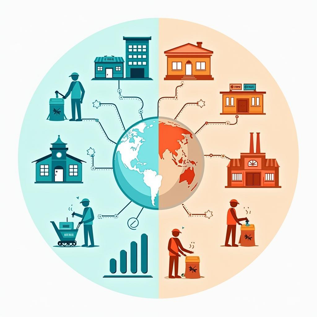 Biểu đồ minh họa tác động hai chiều của toàn cầu hóa đến kinh tế địa phương với các yếu tố tích cực và tiêu cực