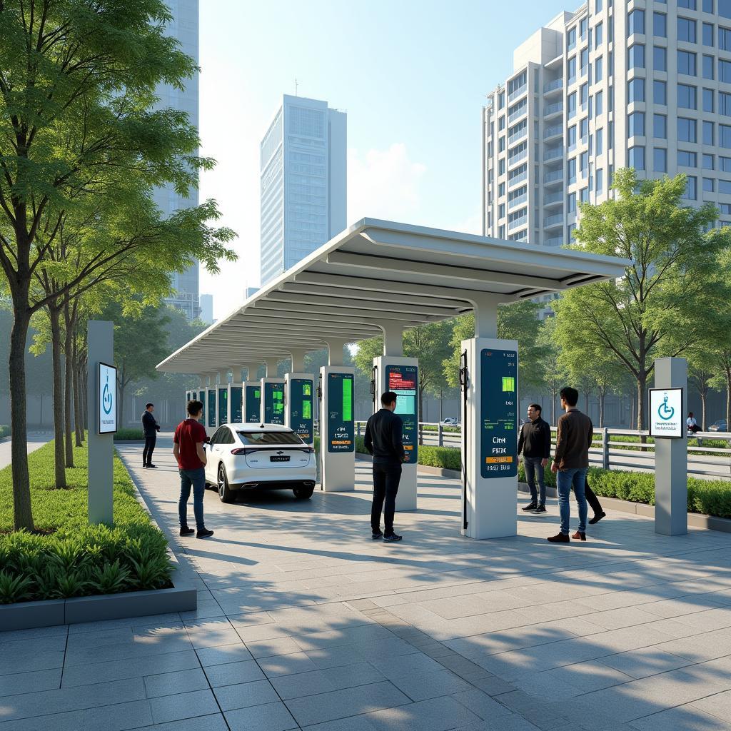 Trạm sạc xe điện công cộng hiện đại với công nghệ sạc nhanh phục vụ cộng đồng