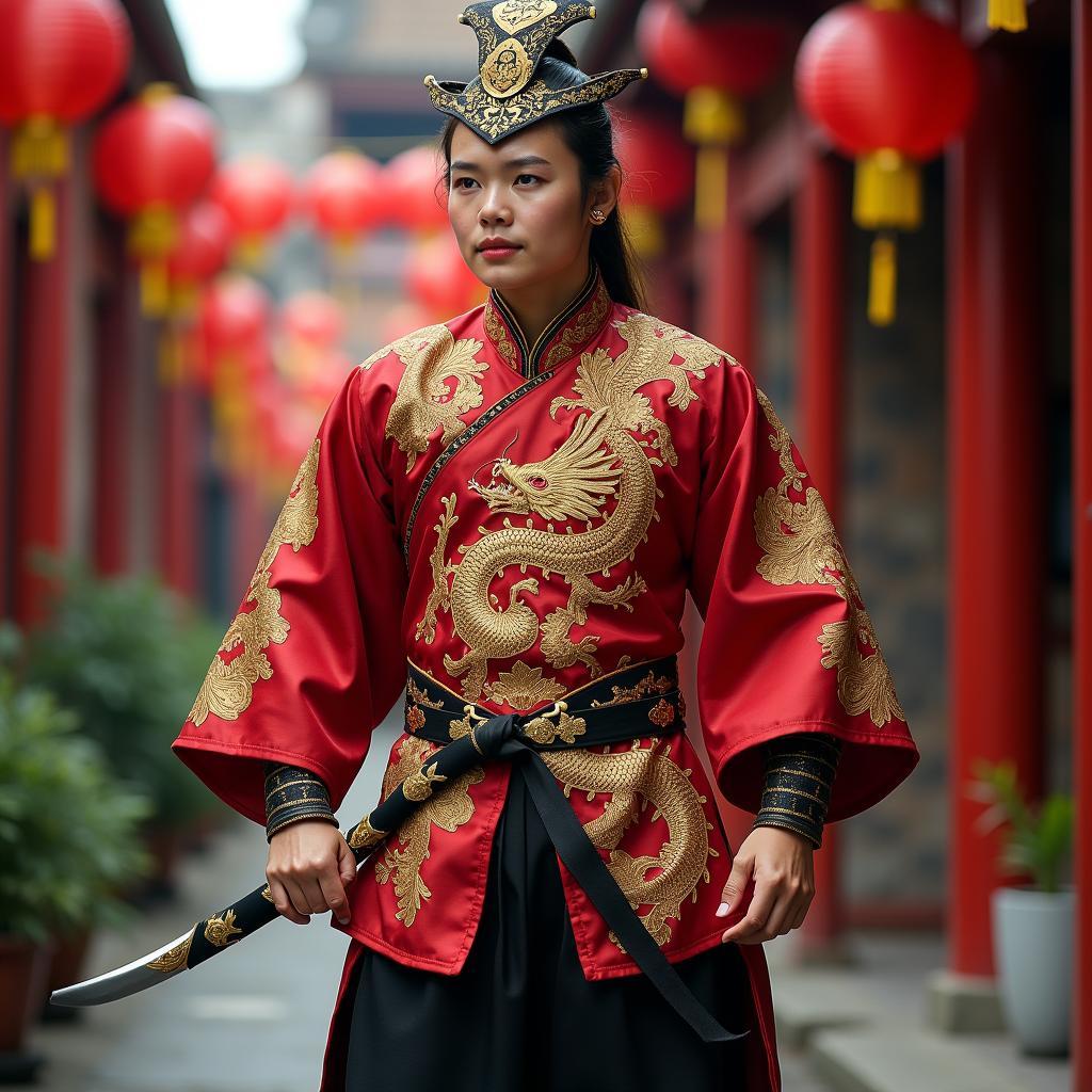 Trang phục chiến binh truyền thống Việt Nam với áo dài đỏ thêu rồng phượng hoàng vàng cho bài thi IELTS Speaking