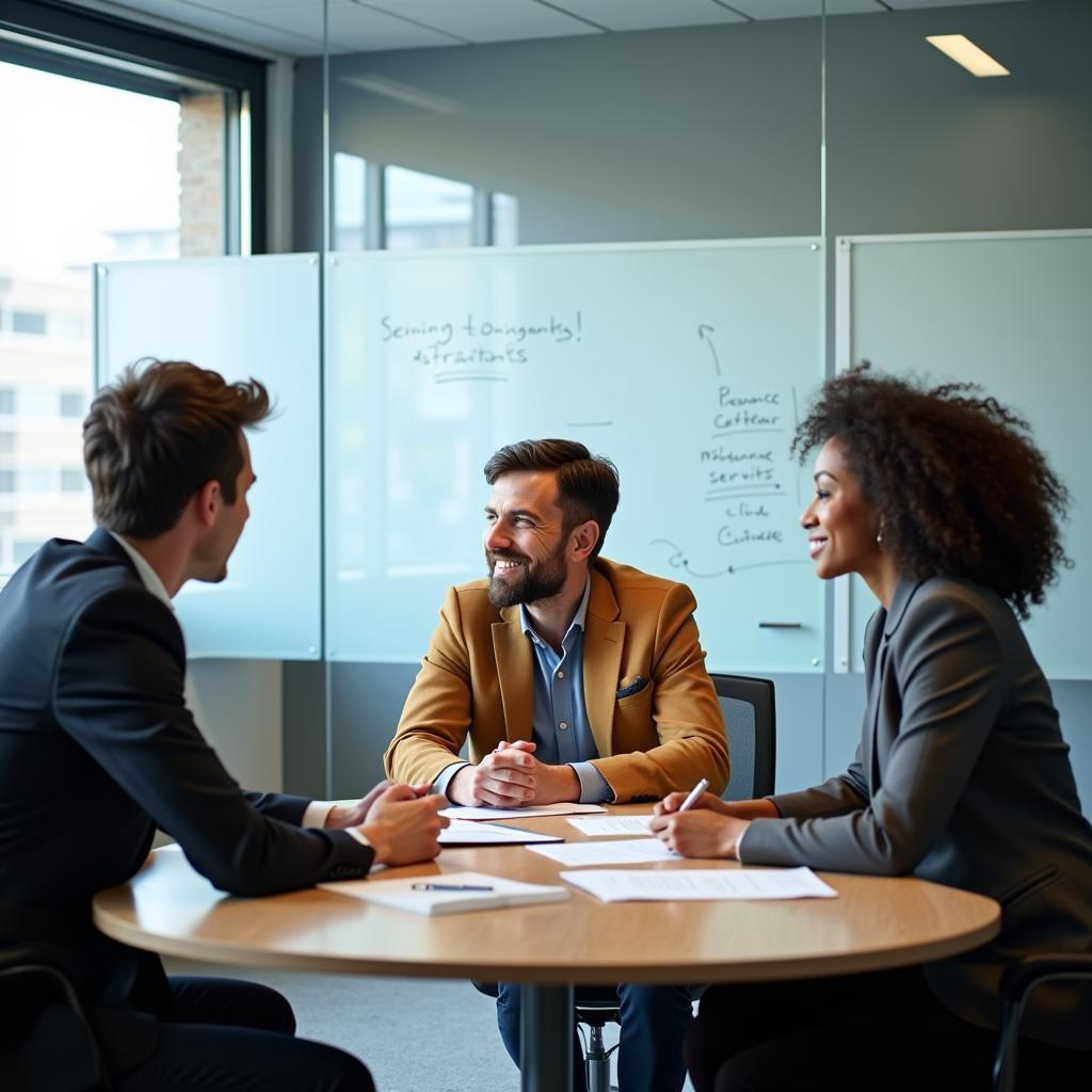 Nhân viên văn phòng đang thảo luận giải quyết xung đột một cách chuyên nghiệp trong phòng họp hiện đại