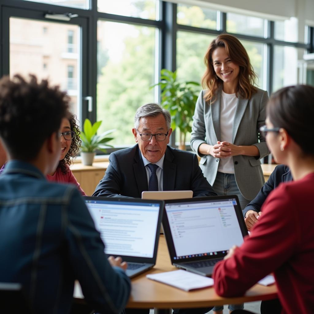 Giáo viên và học sinh thảo luận tương tác trong lớp học hiện đại