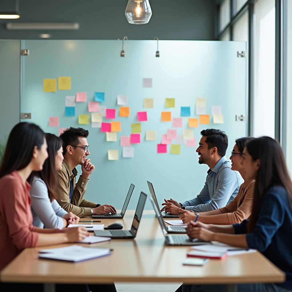 Nhóm người đang thảo luận và trao đổi ý tưởng sáng tạo trong môi trường chuyên nghiệp