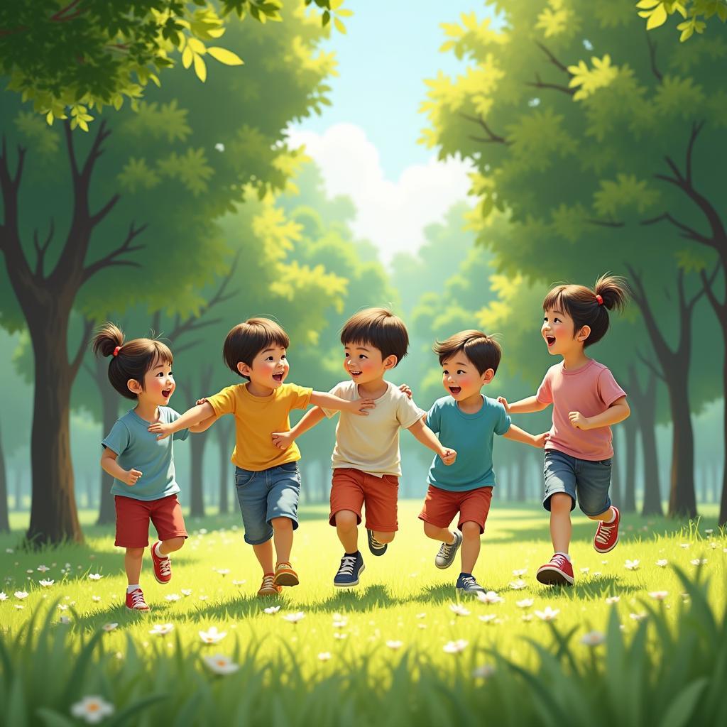 Trẻ em Việt Nam vui chơi ngoài trời trong công viên thiên nhiên thể hiện kết nối với môi trường xanh