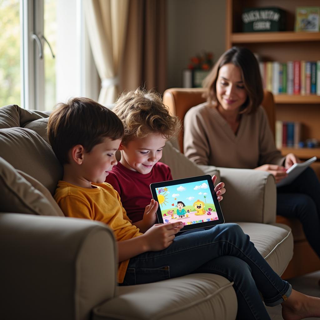 Trẻ em đang chơi game giáo dục trên máy tính bảng với sự giám sát của phụ huynh