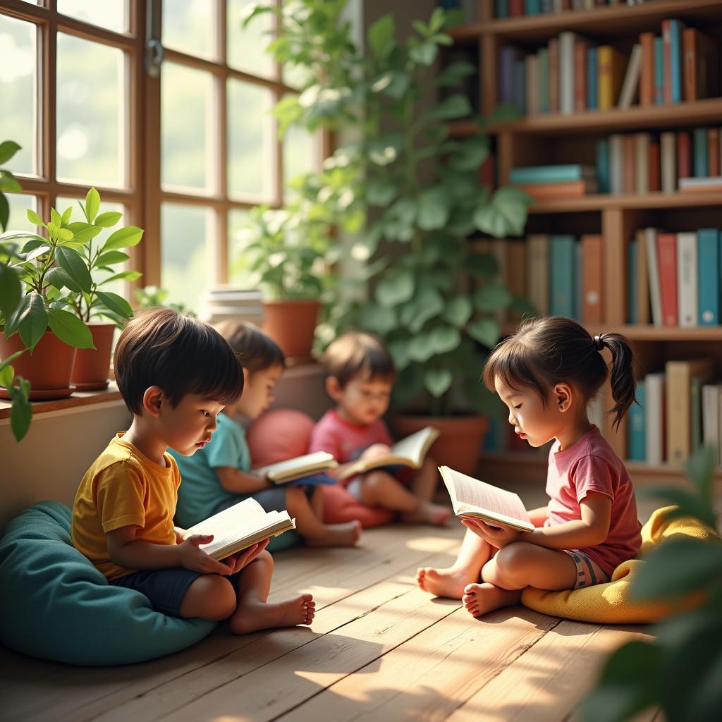 Trẻ em đọc sách trong không gian yên tĩnh phát triển tư duy sáng tạo