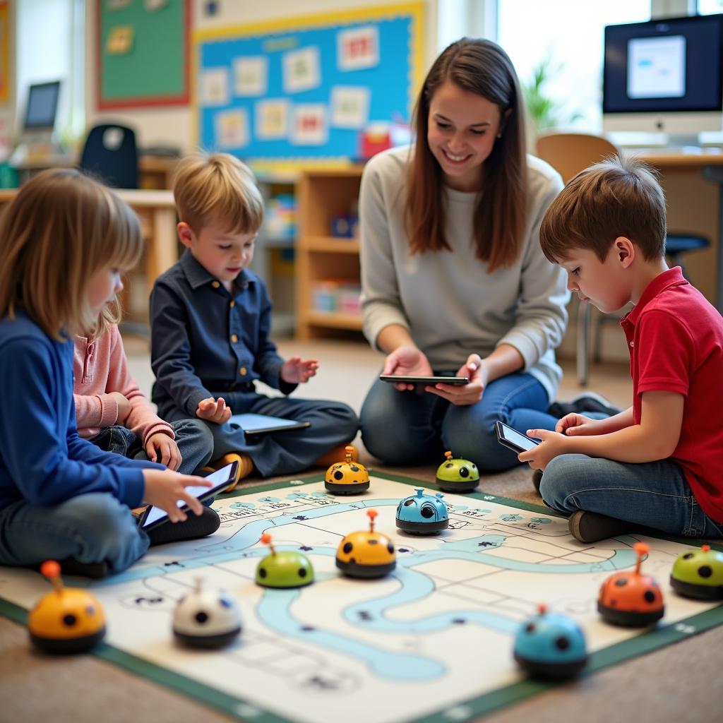 Trẻ em học lập trình robot đơn giản trong lớp học công nghệ