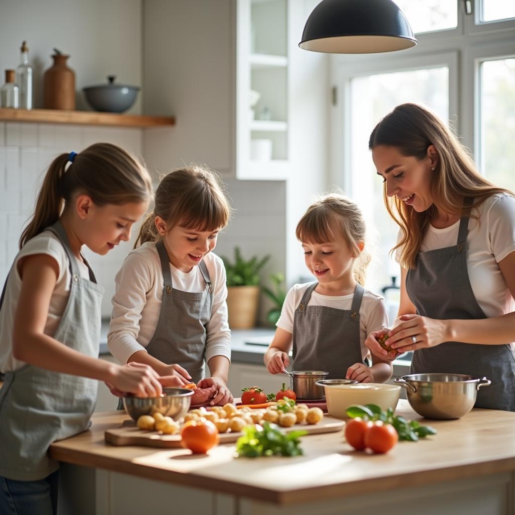 Trẻ em đang học nấu ăn cùng gia đình trong bếp