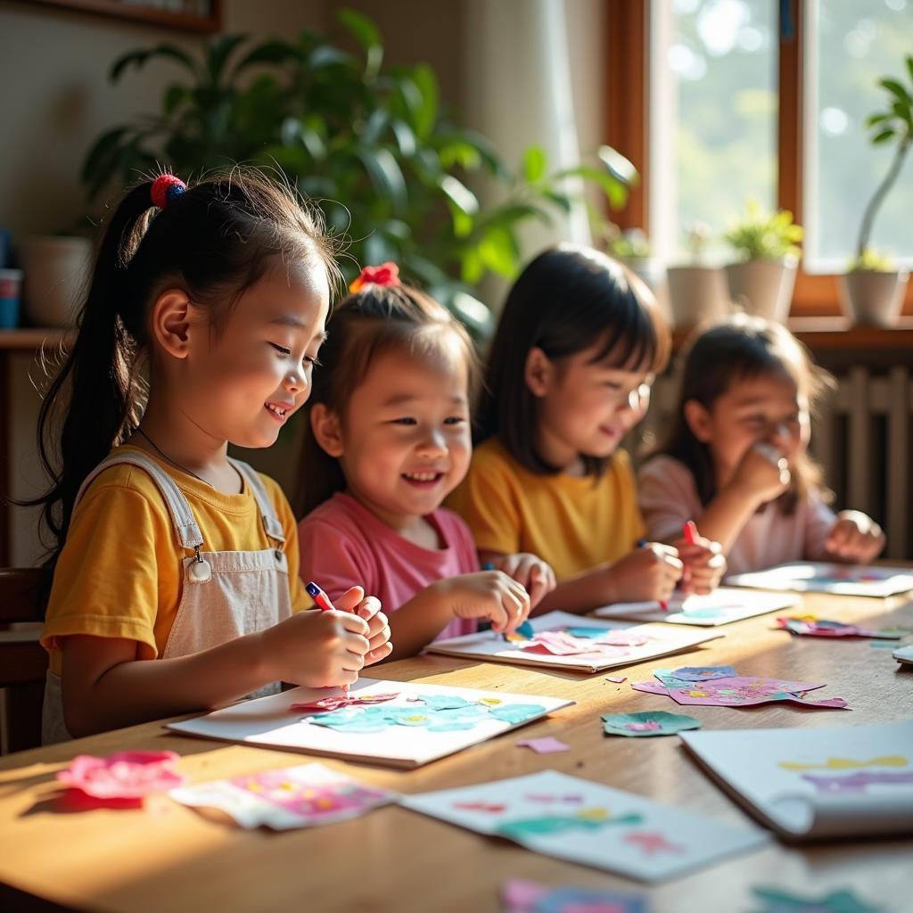 Trẻ em thể hiện sự sáng tạo qua hoạt động nghệ thuật với giấy màu và bút vẽ