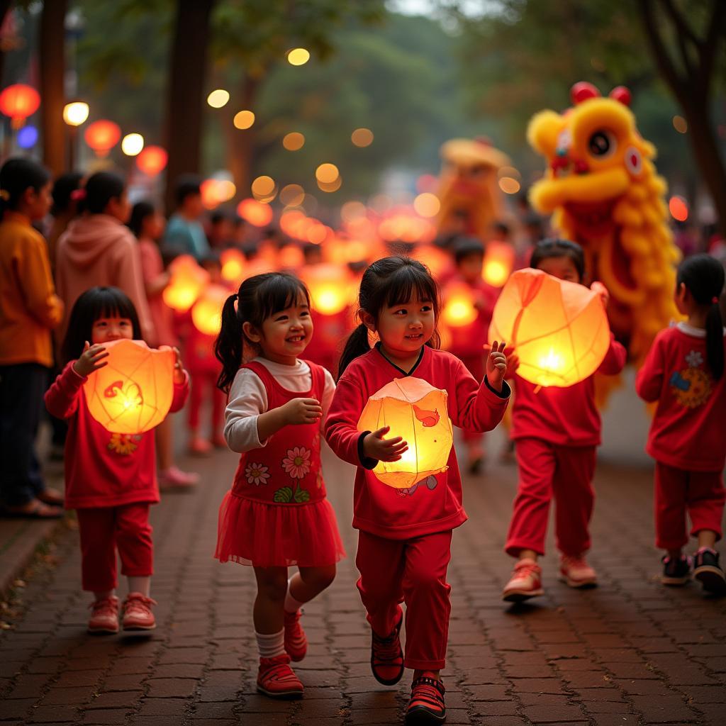 Trẻ em Việt Nam vui vẻ thả đèn lồng trong lễ hội Trung Thu truyền thống với gia đình