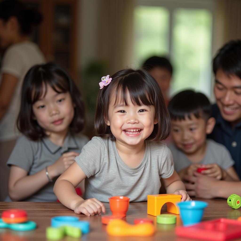 Trẻ em đang vui vẻ chơi đùa trong khi người lớn trò chuyện tại buổi họp mặt gia đình Việt Nam