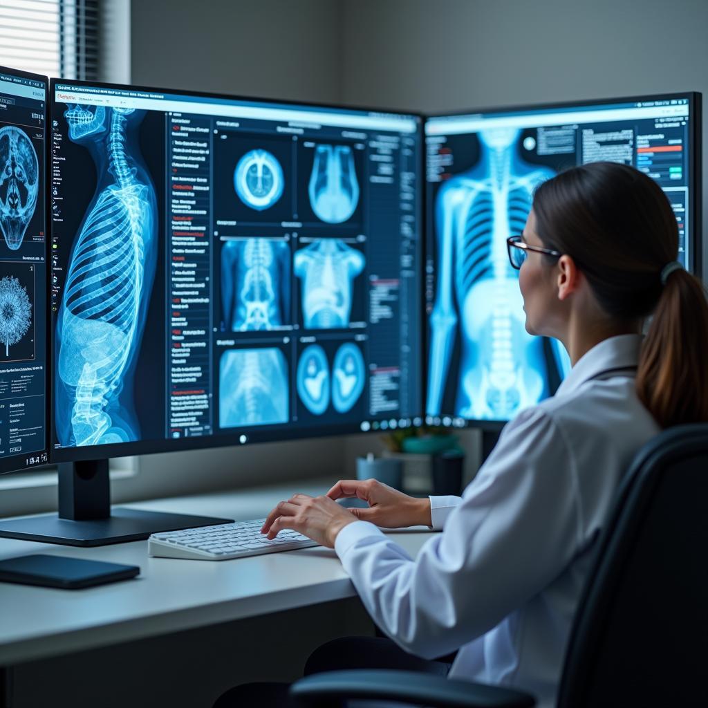 Trí tuệ nhân tạo hỗ trợ bác sĩ đưa ra quyết định chẩn đoán y tế với màn hình hiển thị dữ liệu bệnh nhân