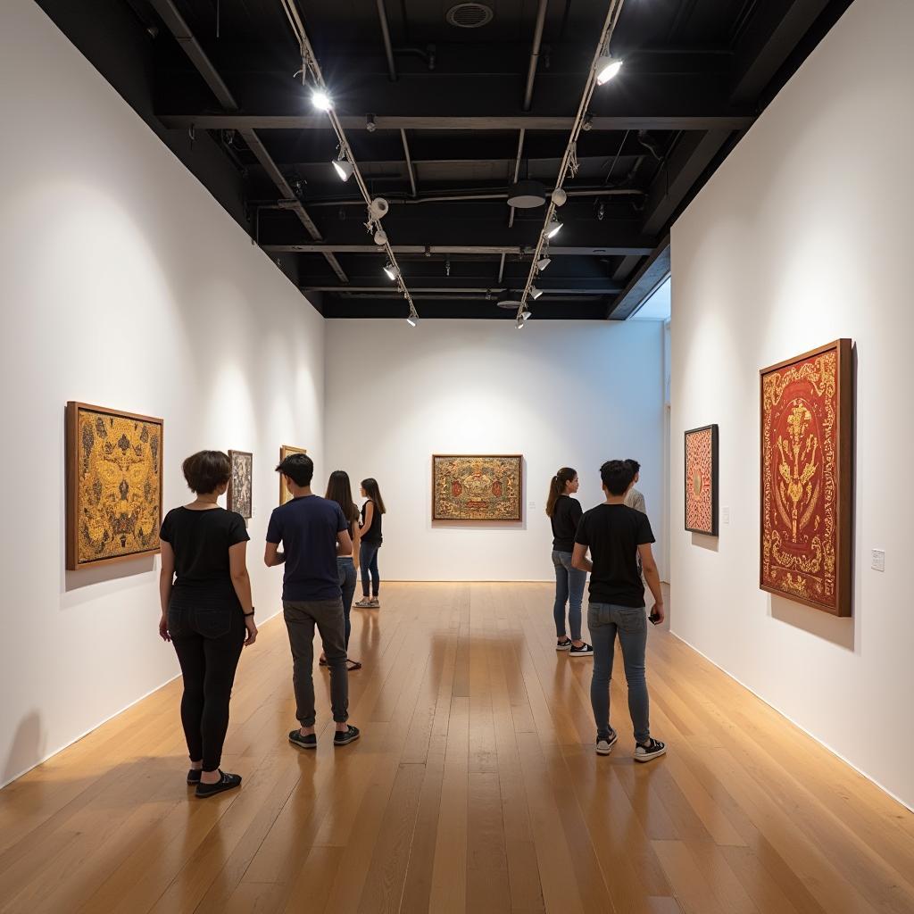 Triển lãm nghệ thuật hiện đại Việt Nam với tác phẩm sơn mài độc đáo và du khách đang chiêm ngưỡng