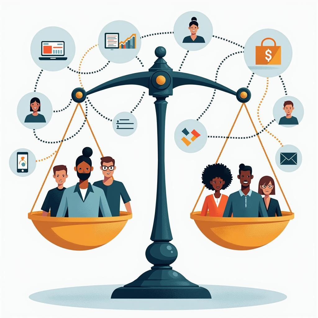 Triết học xã hội về tự động hóa với biểu tượng công nghệ và công bằng xã hội hài hòa