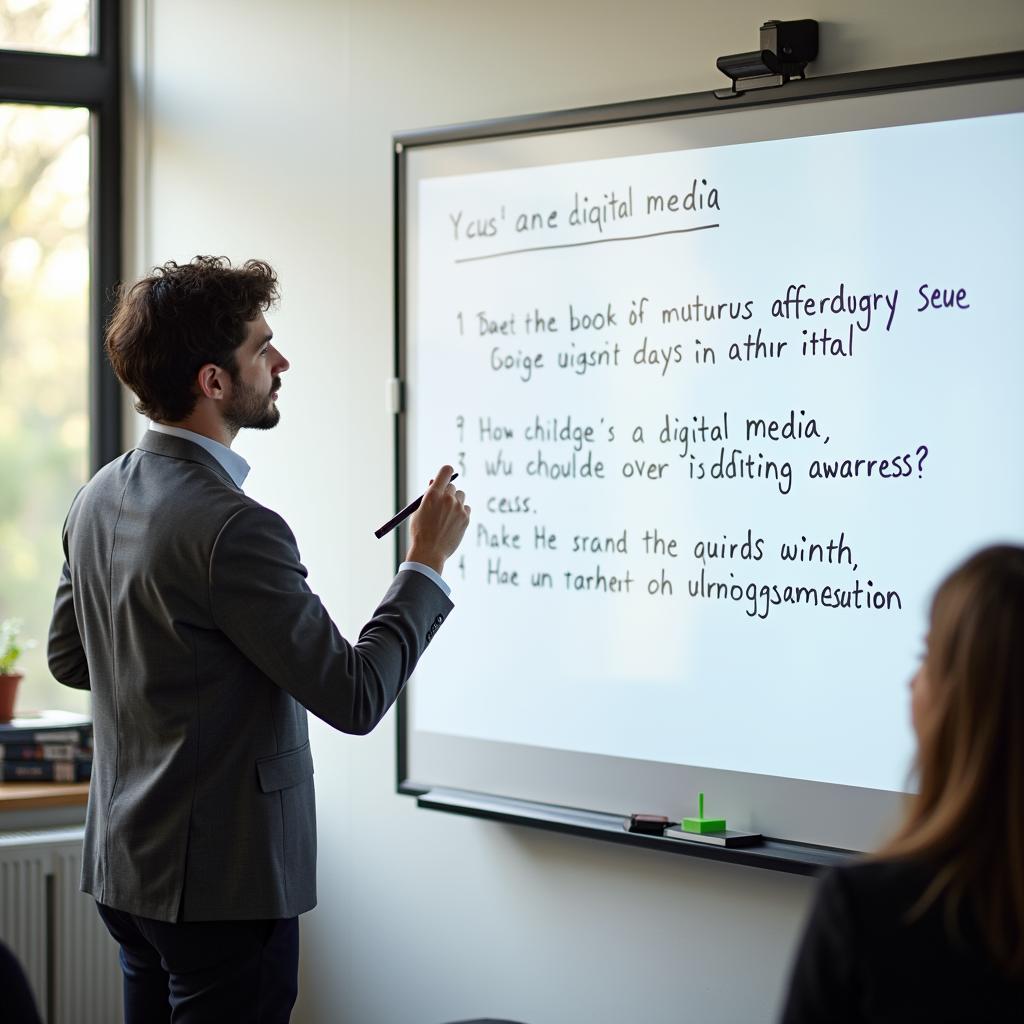 Giáo viên IELTS đang phân tích đề bài Writing Task 2 về vai trò truyền thông số trong văn hóa