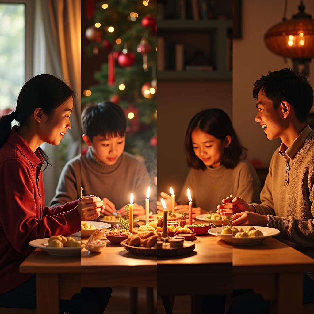 Hình ảnh tổng hợp các truyền thống gia đình từ nhiều nền văn hóa khác nhau, thể hiện sự đa dạng và điểm chung