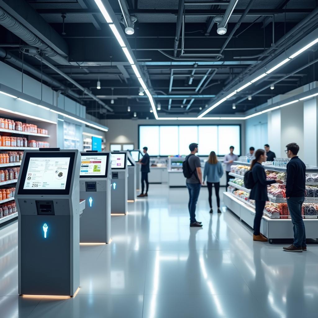 Hình ảnh minh họa cửa hàng bán lẻ hiện đại với hệ thống tự động hóa và công nghệ thông minh cho IELTS Writing Task 2