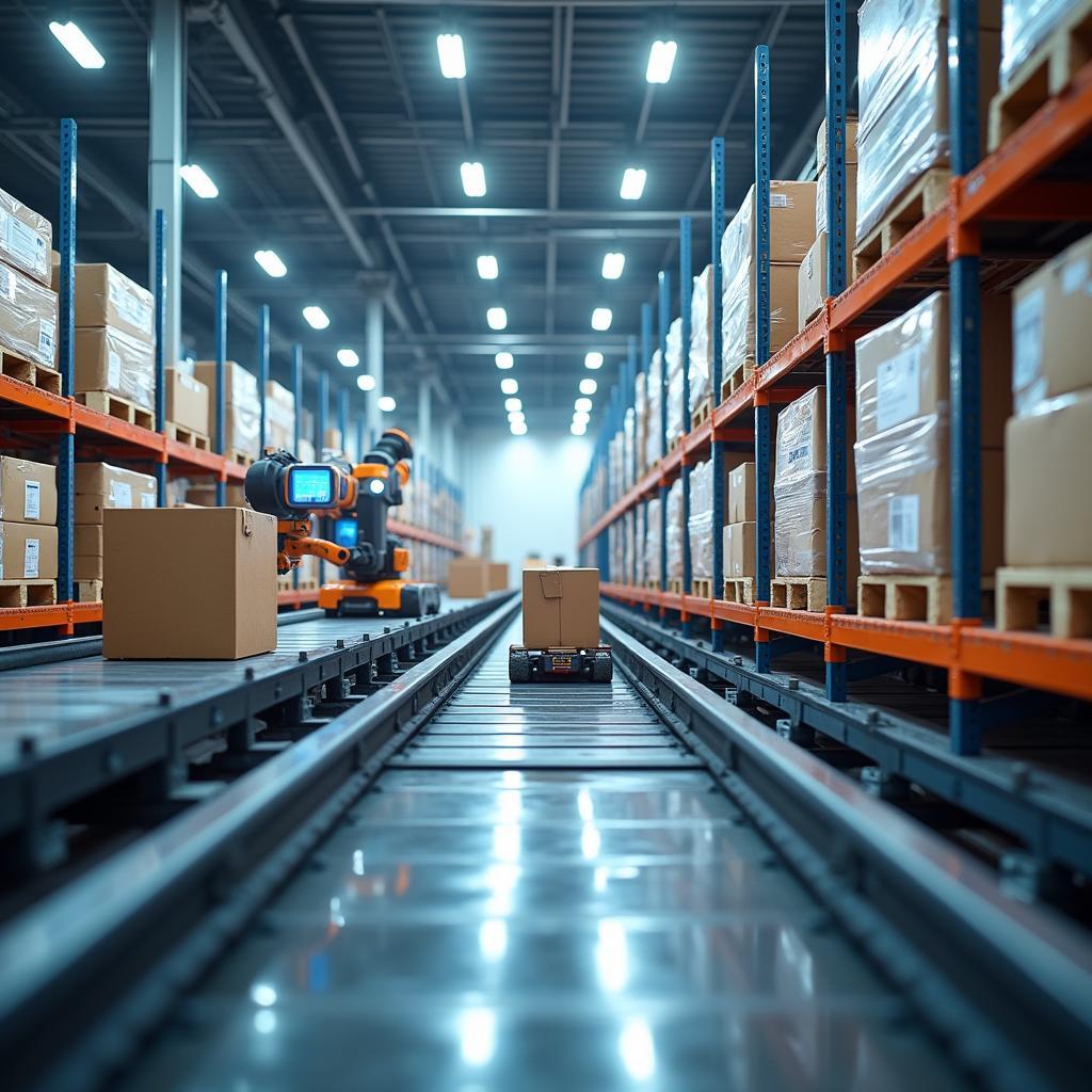 Hệ thống kho hàng tự động hóa hiện đại với robot và công nghệ logistics thông minh