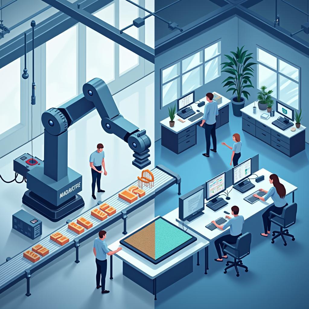 Hình ảnh minh họa về tự động hóa trong môi trường làm việc văn phòng và nhà máy hiện đại với robot và công nghệ AI