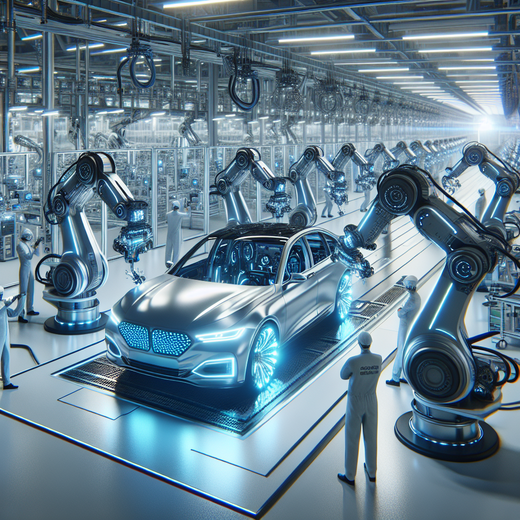 Hình ảnh nhà máy sản xuất hiện đại với robot tự động hóa dây chuyền lắp ráp ô tô, thể hiện tương lai ngành công nghiệp.