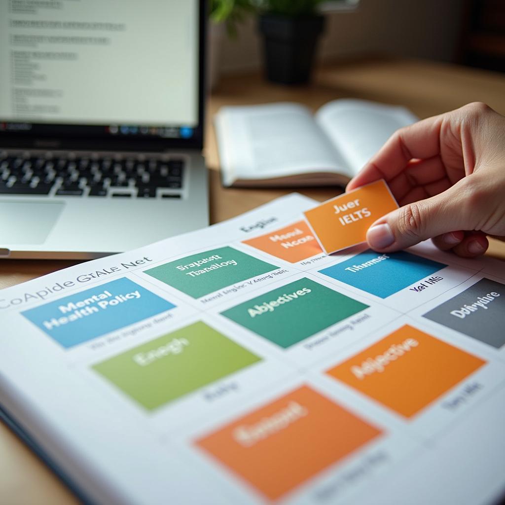 Flashcard minh họa từ vựng chủ đề sức khỏe tâm thần và chính sách y tế cho IELTS Writing Task 2