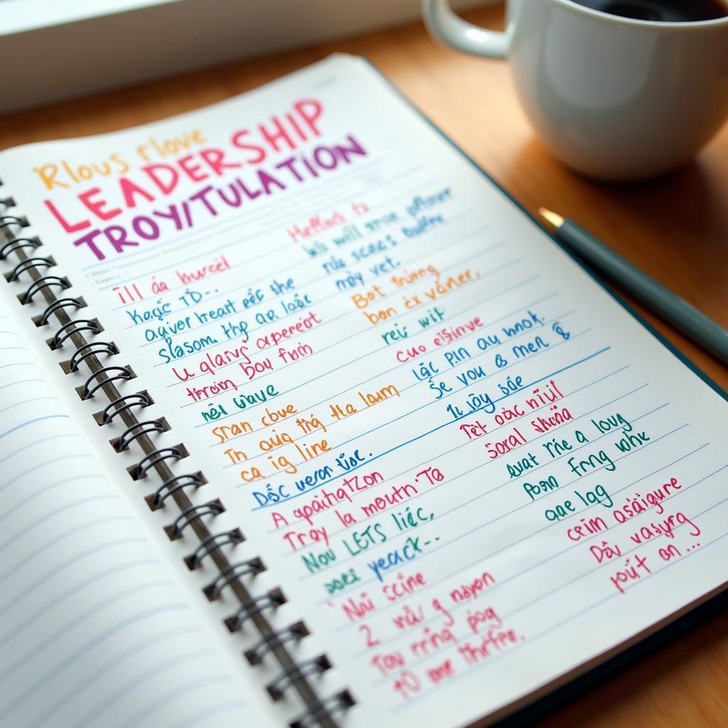 Sổ tay từ vựng IELTS với các từ khóa về storytelling và leadership education được highlight màu