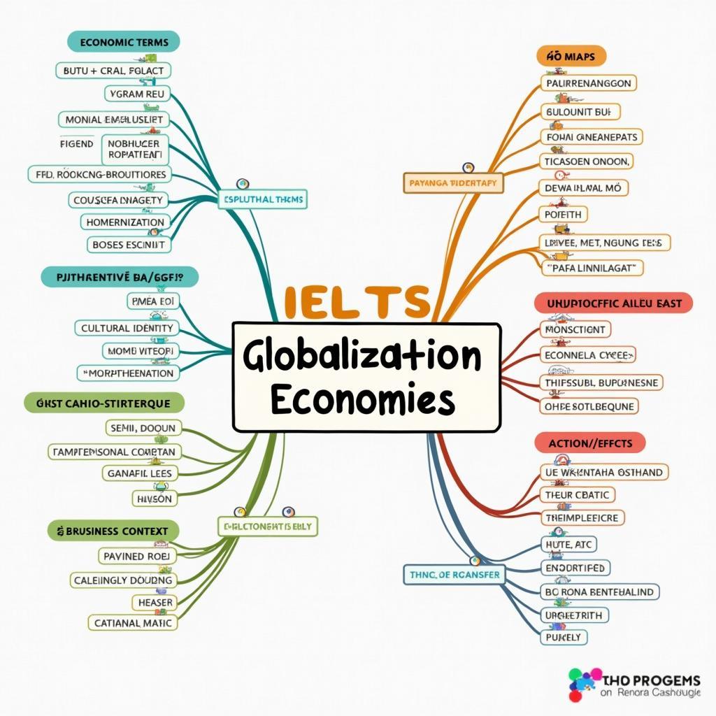 Mindmap từ vựng IELTS Writing Task 2 về chủ đề toàn cầu hóa và kinh tế địa phương với các nhánh chính