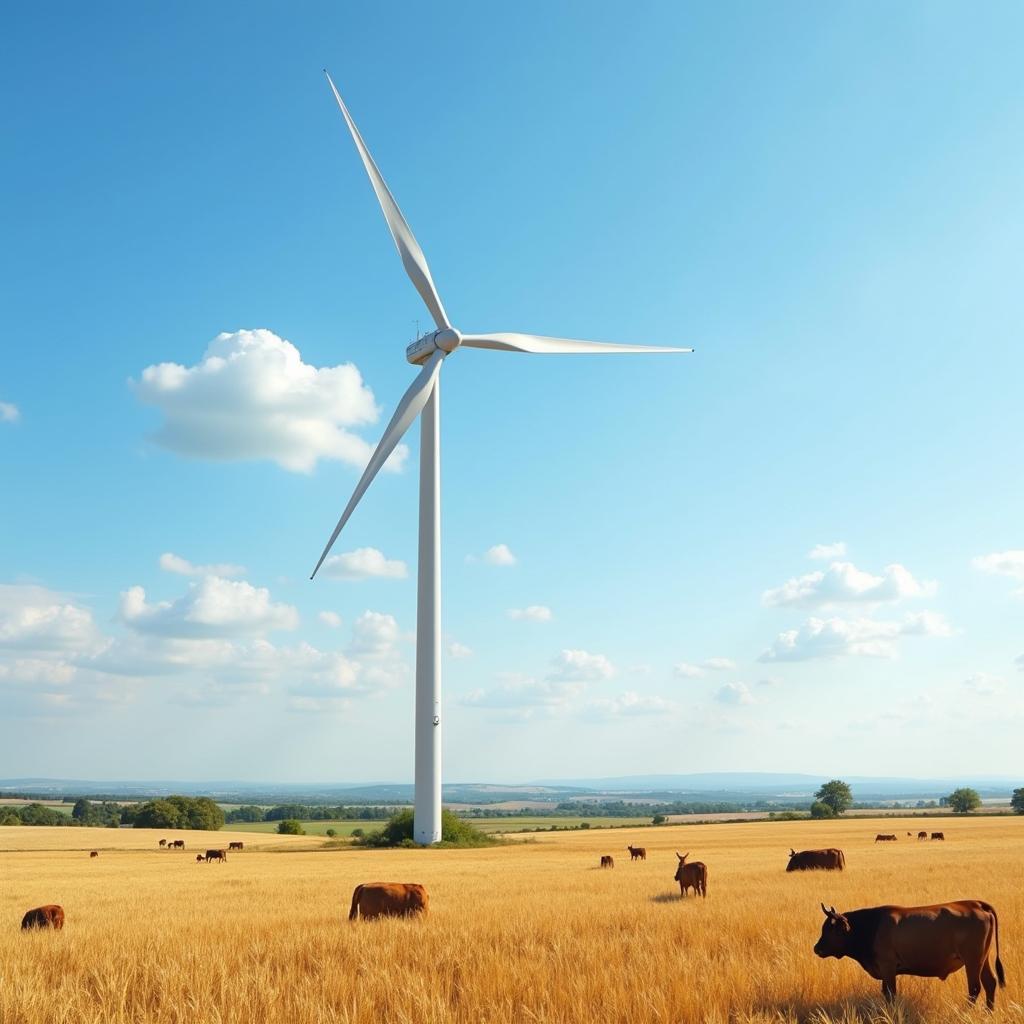 Tua-bin điện gió trên cánh đồng nông nghiệp tạo năng lượng sạch không gây ảnh hưởng canh tác