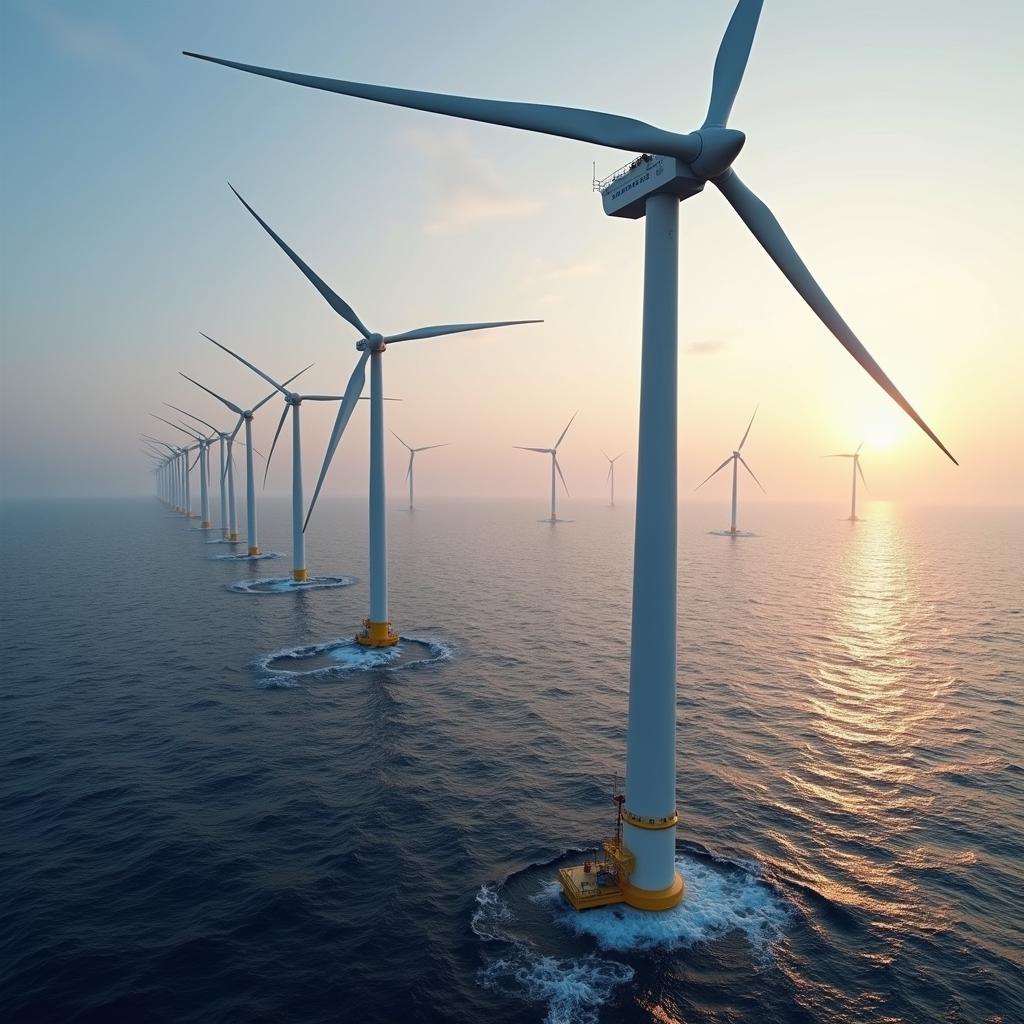 Trang trại điện gió ngoài khơi hiện đại với tuabin công suất lớn trên biển