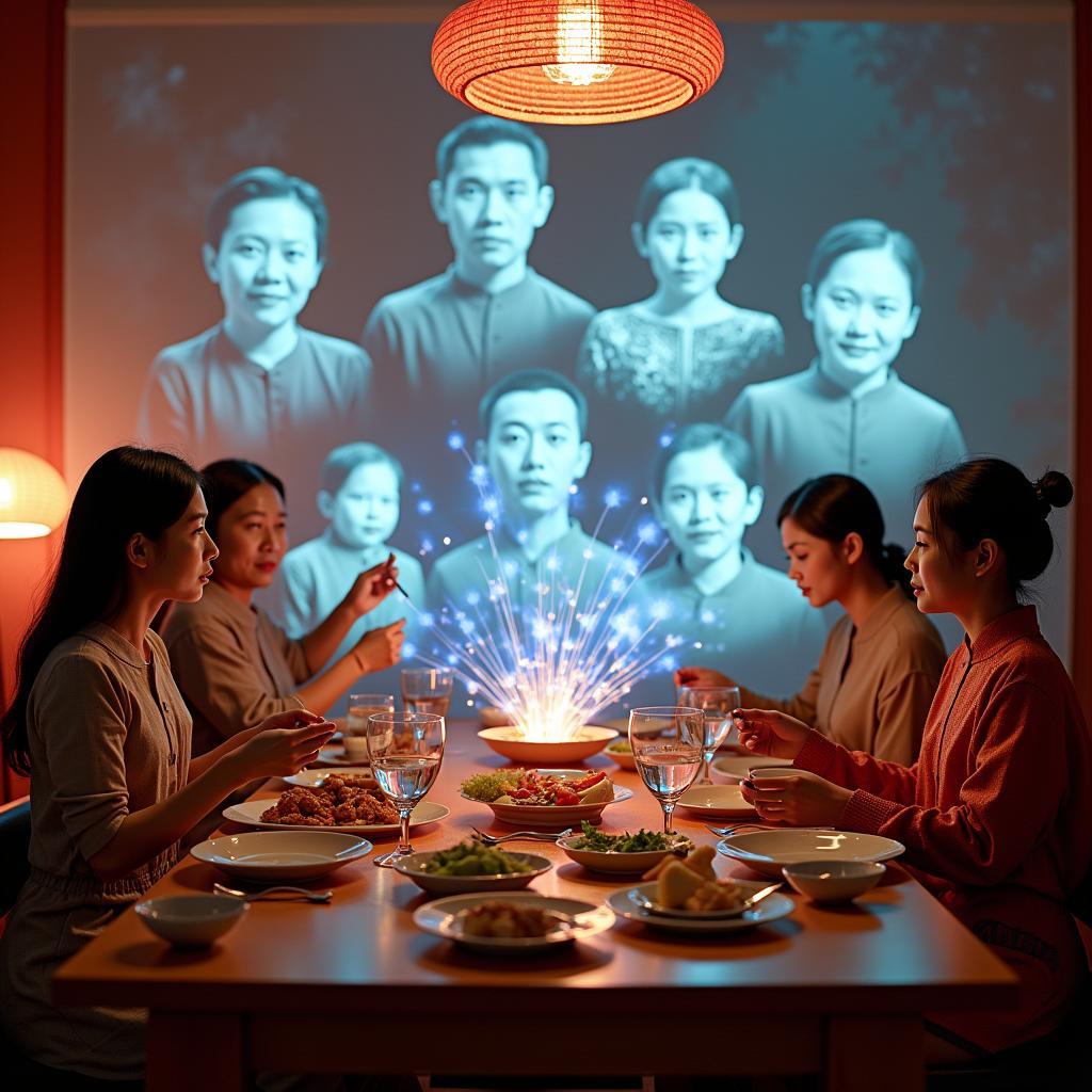 Hình ảnh minh họa tương lai của sự kiện gia đình với công nghệ tiên tiến và truyền thống kết hợp