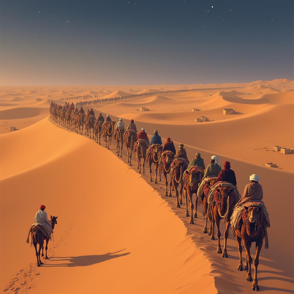 Đoàn lạc đà chở hàng băng qua sa mạc Sahara thời trung cổ minh họa