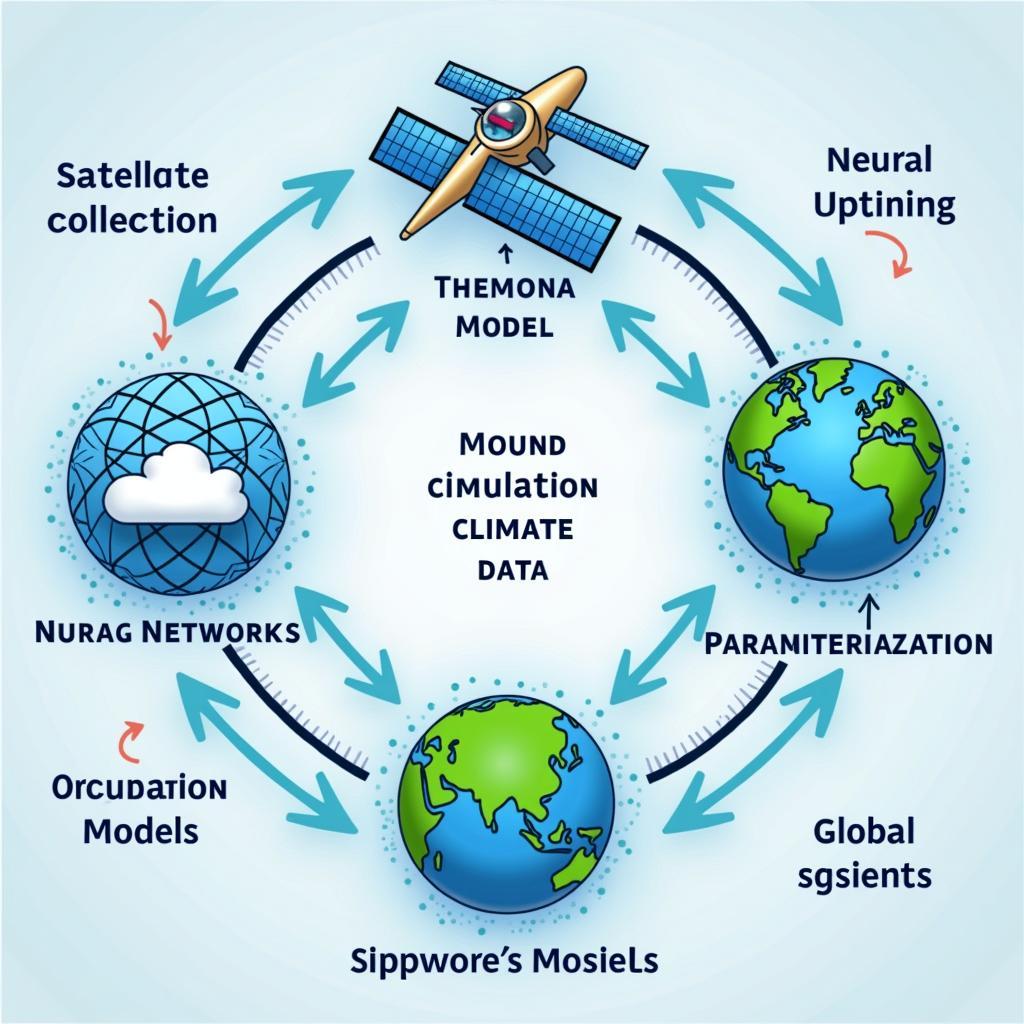 Sơ đồ minh họa ứng dụng trí tuệ nhân tạo trong mô hình hóa khí hậu toàn cầu và dự báo thời tiết