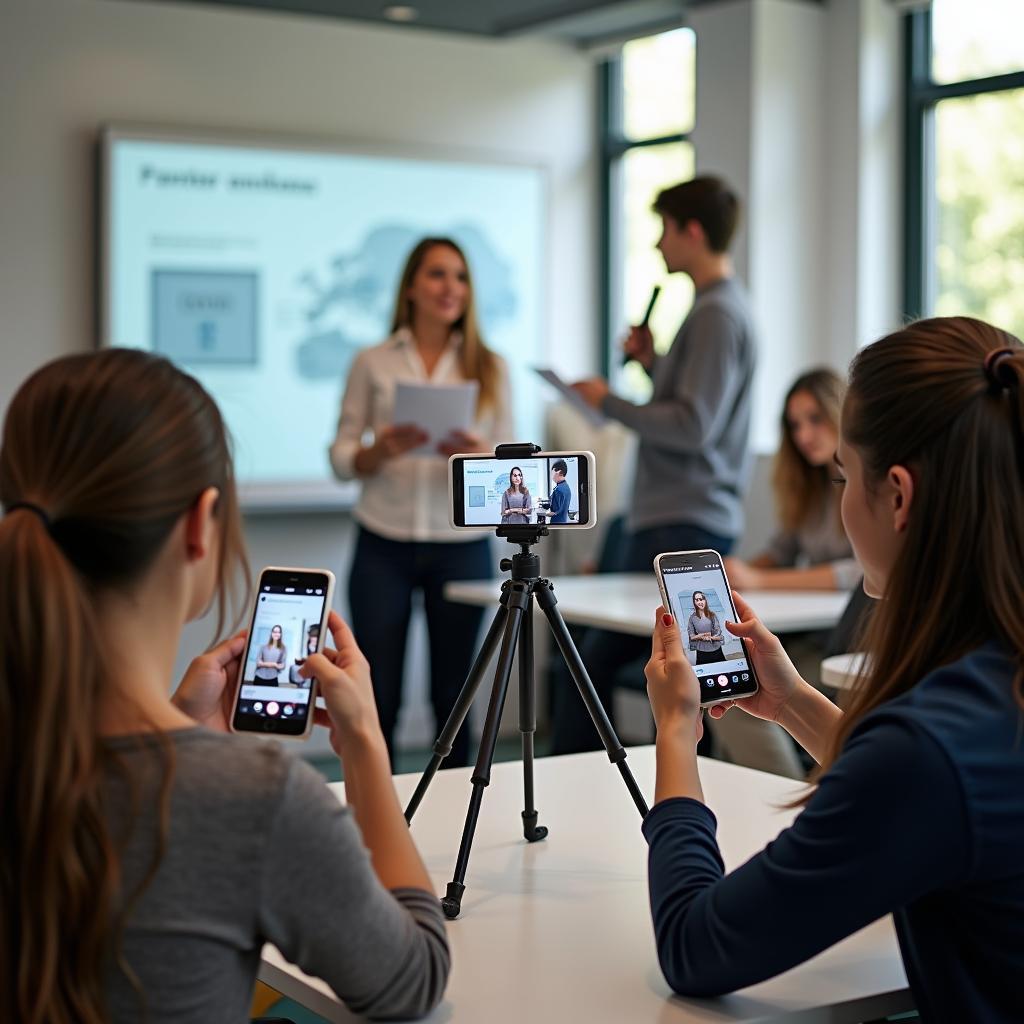 Học sinh sử dụng ứng dụng luyện tập thuyết trình trên điện thoại thông minh trong lớp học