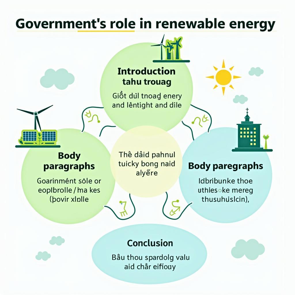 Sơ đồ phân tích đề bài IELTS Writing Task 2 về vai trò chính phủ thúc đẩy năng lượng tái tạo với các yếu tố cần lưu ý
