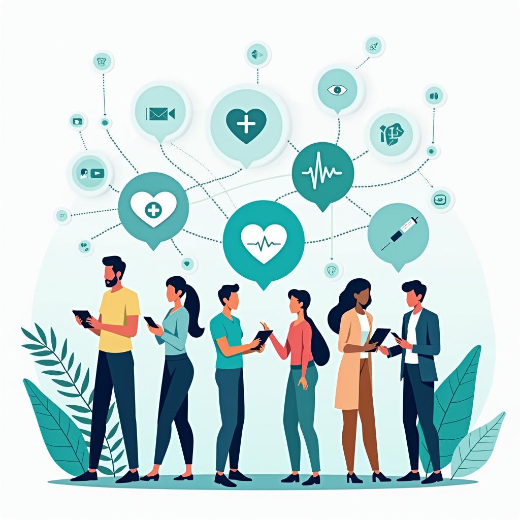 Minh họa vai trò của mạng xã hội trong việc truyền tải thông tin sức khỏe đến cộng đồng và ảnh hưởng đến hành vi chăm sóc sức khỏe